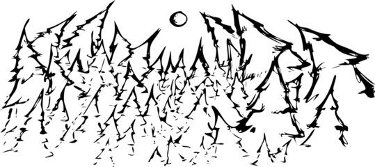 The forest bows the crowns of firs in order to greet the great goddess of the moon