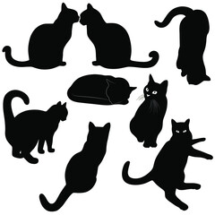 Vector silhouettes of cats. Set of black icon of standing, sitting and laying cats isolated on white background.