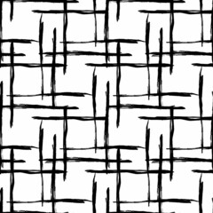 Vector Plaid Brush Seamless Pattern Grange Minimalist Check Geometric Design in Black Color. Modern Grung Collage Background for kids fabric and textile