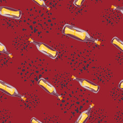 Seamless pattern with random purple and yellow colored bottle with message print. Maroon background with splashes.