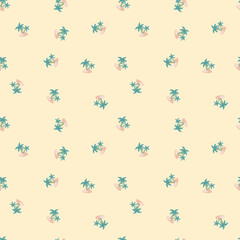 Fototapeta na wymiar Hawaii seamless doodle pattern with blue little palm tree and island shapes. Pastel light pink background.