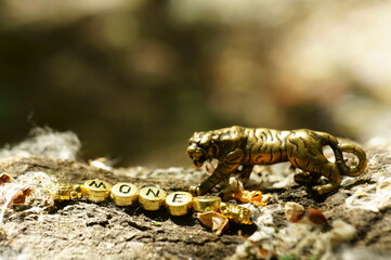 Metal tiger figurine close-up. Next to the inscription money. A financial and esoteric symbol.