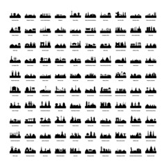 Collection of black icons of countries landmarks. Monochrome panoramas of cities.
