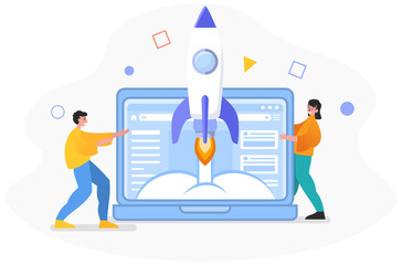 Web app startup, website launch. Rocket take off from web page. Moder vector illustration