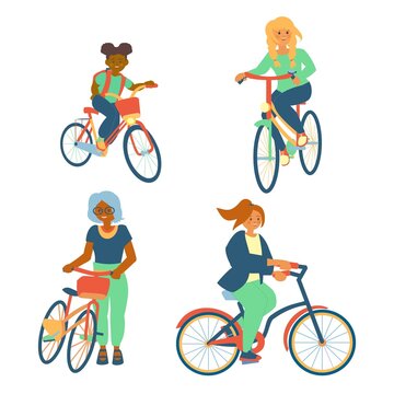 Cycling young and old woman and schoolgirl set. Flat vector illustration.