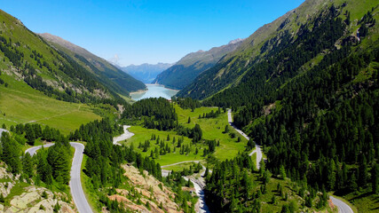 Beautiful Kaunertal Valley in the Austrian Alps - famous glacier in Austria - travel photography by drone - obrazy, fototapety, plakaty