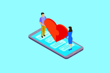 Online dating, a couple of lovers holding a heart standing on a mobile phone, the concept of dating in the application and the network, isometric image