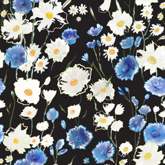 Simple cute pattern with small blue and white flowers. Millefleurs. Liberty style. Drawn floral seamless meadow background, texture, print. Vector illustration of wild cornflowers, chamomile