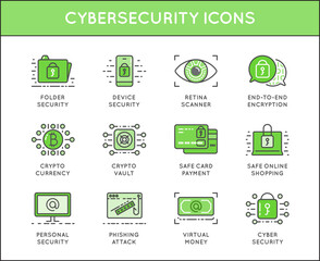 Cyber Security and Cyber Crime outline icon set. Filled with color. Vector.