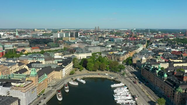 Nybroviken and Stockholnm City, aerial drone summer footage