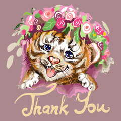 Thank you tiger baby head and flowers. Hand-painted watercolor style, black ink line art. Young predatory wild cat. Cute, smiling happy tiger baby face portrait vector illustration card