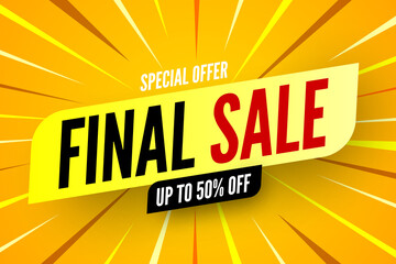 Special offer final sale yellow banner on striped background. Vector illustration.