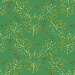 Hand drawn seamless pattern with golden autumn leaves. Elegant line illustration for wallpaper, packaging, fabric, textile.