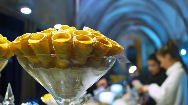 ALCOBACA, PORTUGAL - Nov 17, 2019: A traditional Portuguese conventual sweet called Cornucopias sold during the conventual show