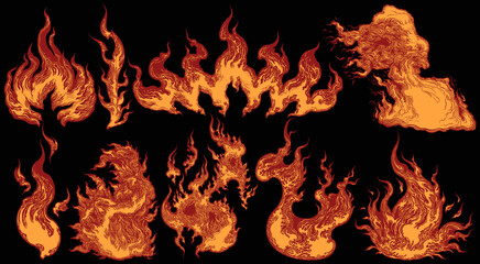 Flames. Design set. Editable hand drawn illustration. Vector engraving. Isolated on black background. 8 EPS - 451221362