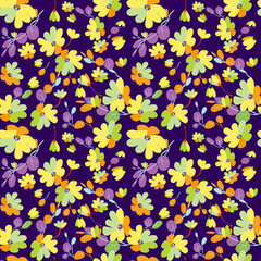 Cute pattern in small flowers with eucalyptus. Small pink, yellow, orange flowers. Exotic purple background. Seamless floral pattern, texture