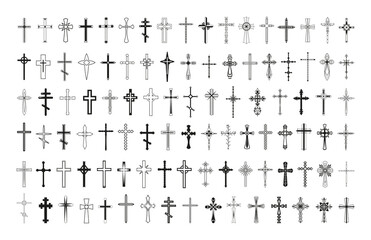 Fototapeta premium Collection of monochrome crosses in a linear style.