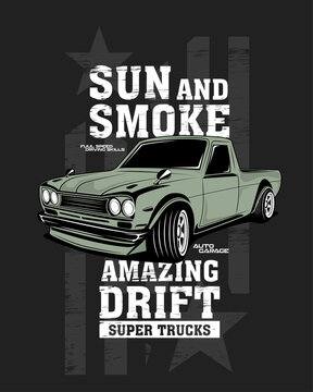sun and smoke super drift, vector car illustrations