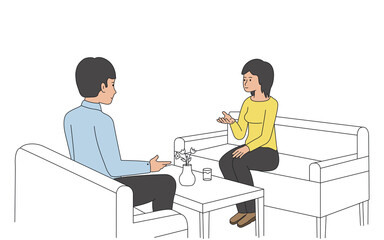 A man and a girl are sitting on the couch and talking. Friendly conversation concept. Vector illustration