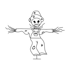 Cute Scarecrow. Halloween line art vector illustration of scarecrow