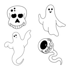 Halloween vector set with ghosts, skull and eye line art illustration