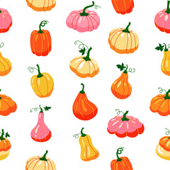 Pumpkin pattern. Seamless autumn vegetables texture, colourful organic products. Vector print