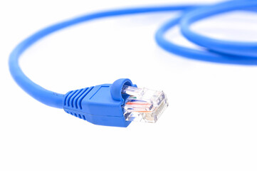 blue LAN cable on white background closeup