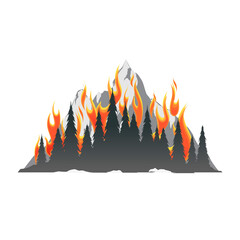 Burning forest trees against the background of mountains. Trees and mountains in gray tones, fire in color. Flat vector illustration 