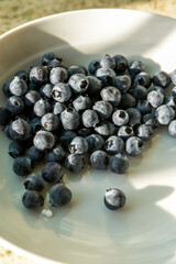 Close-up of a dish of blueberries in the sun