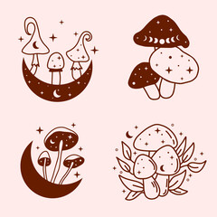 Fototapeta premium Set of celestial and mystical mushroom illustrations. Hand drawn vector design elements. Mushrooms with moob and stars