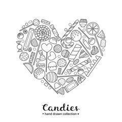 Hand drawn candies in heart.