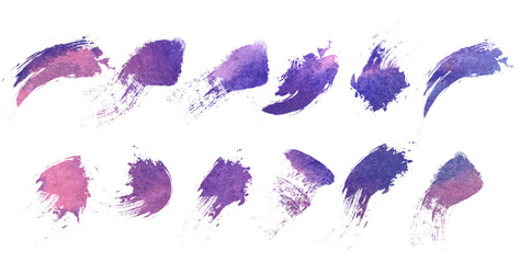 Set of bright colorful brush strokes, grunge purple spots. Multicolor illustration.