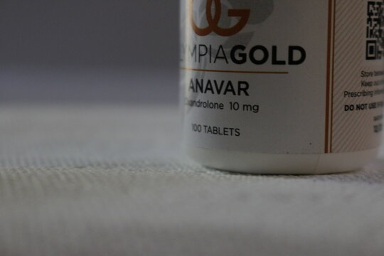 Anavar or Oxandrolone pill bottle. Steroid theme editorial photo