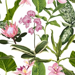Fototapety  Bright seamless pattern with tropical pink flowers and leaves. Realistic style, hand drawn. Background for prints, fabric, invitation cards, wedding decoration, wallpapers.
