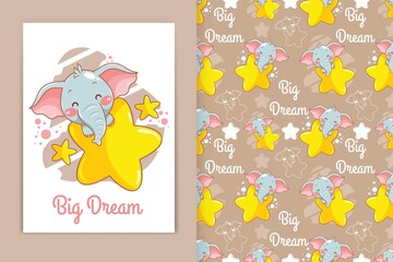 cute baby elephant hugging little star cartoon illustration and seamless pattern set