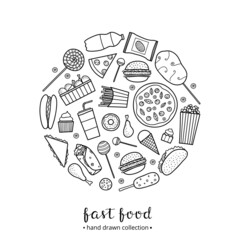 Hand drawn fast food in circle.