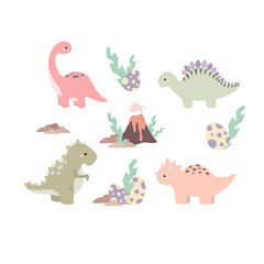 Cute dinosaurs set in cartoon style: brachiosaurus, stegosaurus, triceratops and tyrannosaurus. © Nadezhda