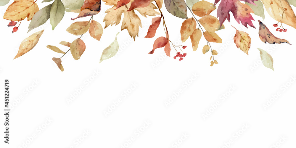 Wall mural watercolor vector border with fall leaves and branches isolated on a white background.