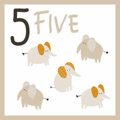 Number five. Cute hand drawn elephants. Vector card for kids with numbers for teaching children to count and learn english words. Learn to count. Exercises for kids. Kids illustration.