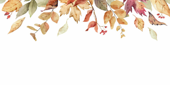 Watercolor vector border with fall leaves and branches isolated on a white background.