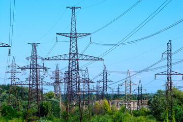 Power lines. Landscape with high voltage towers.