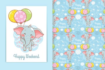 cute baby elephant with balloon cartoon illustration and seamless pattern set