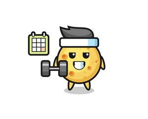 round cheese mascot cartoon doing fitness with dumbbell