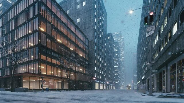 Snow in an empty city. Heavy snowfall in the city. Snowstorm in Manhattan. City with snow flakes. 3d visualization