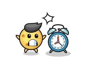 Cartoon Illustration of round cheese is surprised with a giant alarm clock