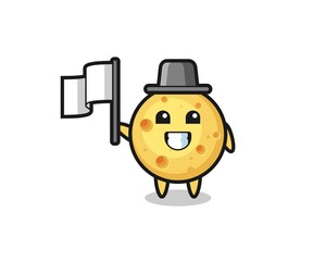 Cartoon character of round cheese holding a flag