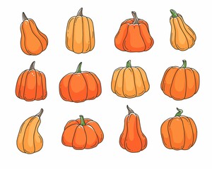 Orange pumpkins cartoon doodle set. Contour cute vector illustration isolated on background.