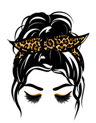 Beautiful woman with leopard beautiful lashes and cheetah print bandana. Lady Mom with messy bun, getting stuff done. Fashion illustration for t shirt