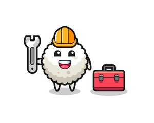 Mascot cartoon of rice ball as a mechanic