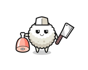 Illustration of rice ball character as a butcher